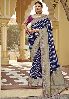 Navy Blue Zari Weaving Silk Sarees