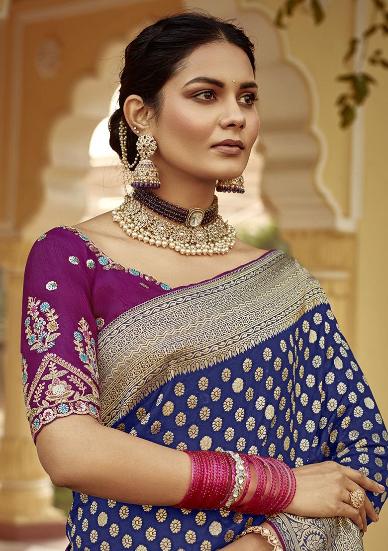 Navy Blue Zari Weaving Silk Sarees