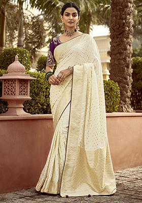 Beige Zari Weaving Silk Sarees