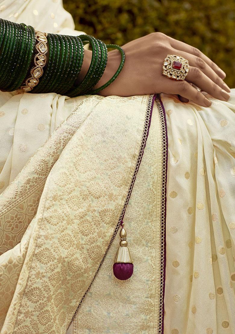 Beige Zari Weaving Silk Sarees