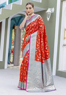 Red Zari Weaving Banarasi Silk  Sarees