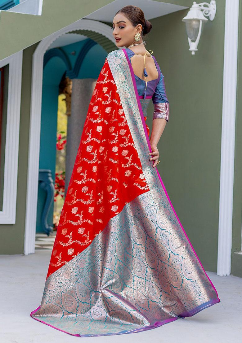 Red Zari Weaving Banarasi Silk  Sarees