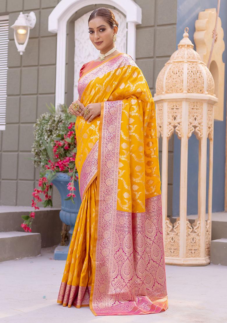 Yellow Zari Weaving Banarasi Silk  Sarees