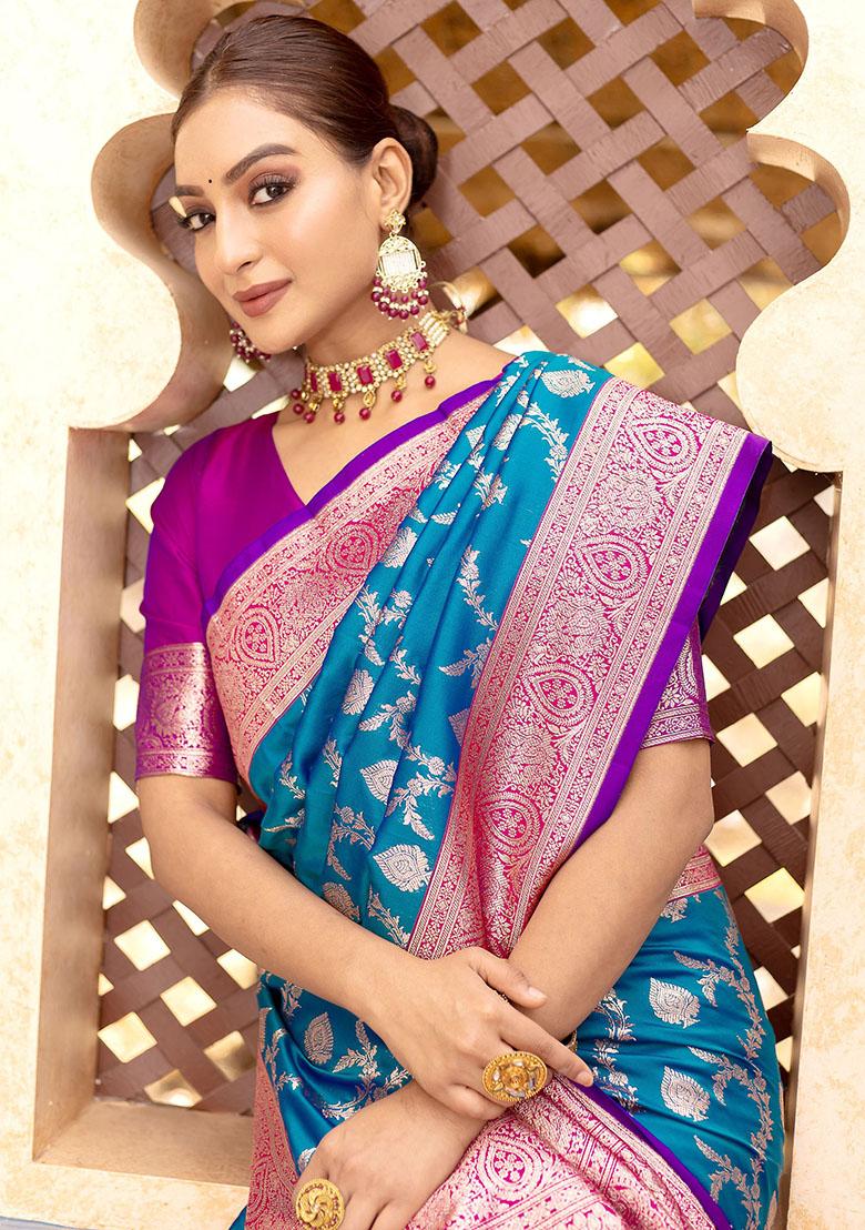Blue Zari Weaving Banarasi Silk  Sarees