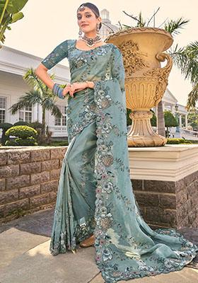Green Sequin Embroidered Organza Sarees