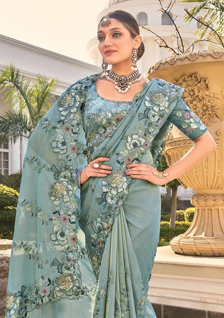 Green Sequin Embroidered Organza Sarees