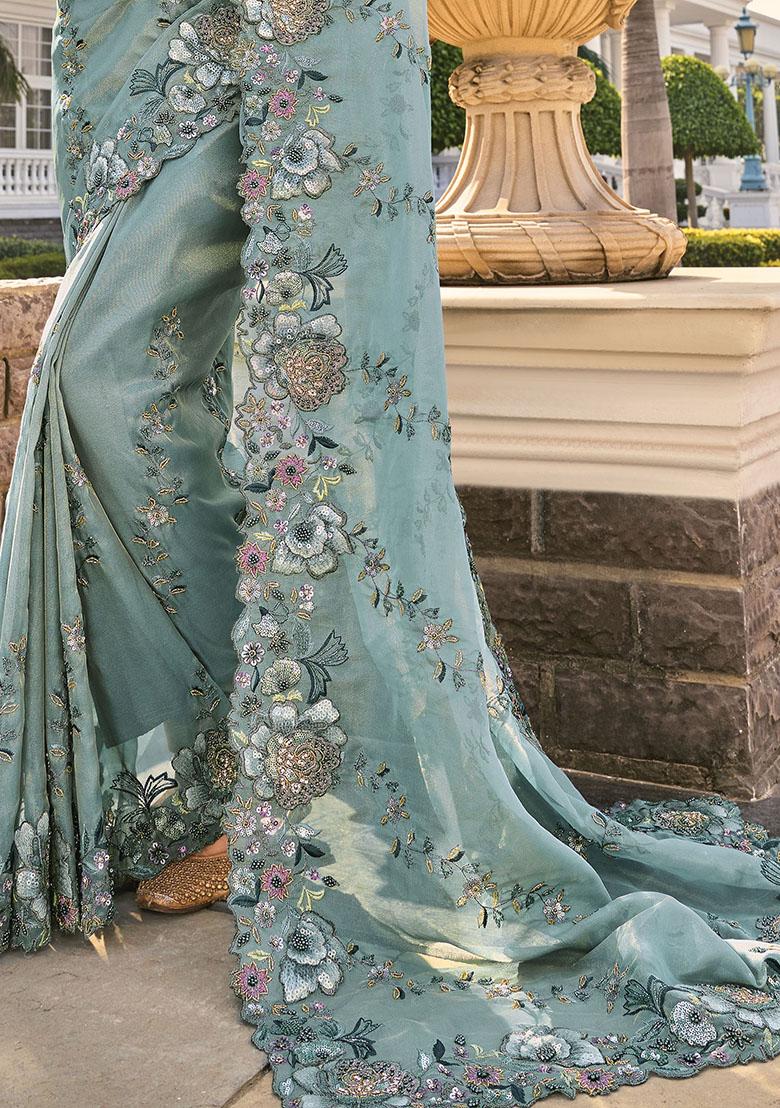 Green Sequin Embroidered Organza Sarees