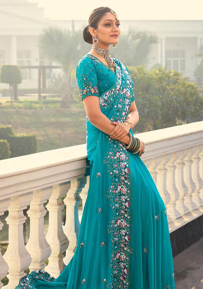 Sky Blue Embroidered Crepe Sarees