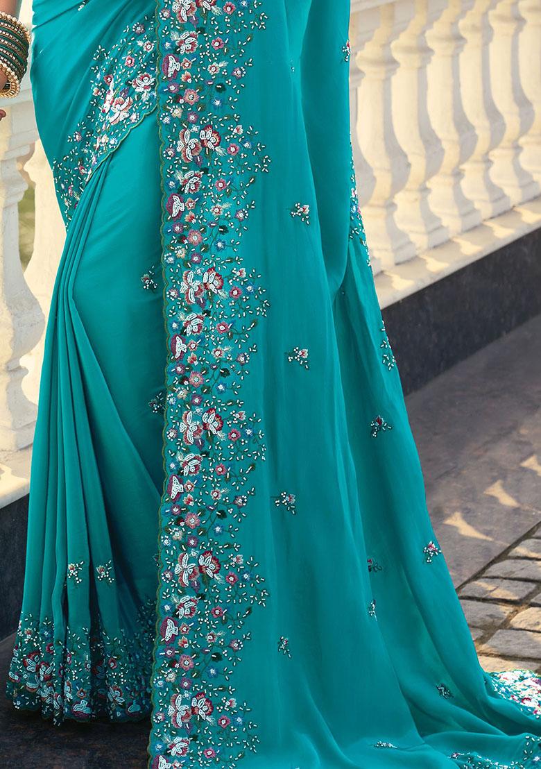 Sky Blue Embroidered Crepe Sarees