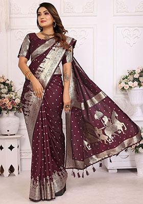 Brown Zari Weaving Silk Sarees