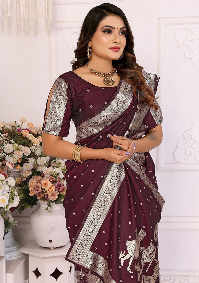 Brown Zari Weaving Silk Sarees