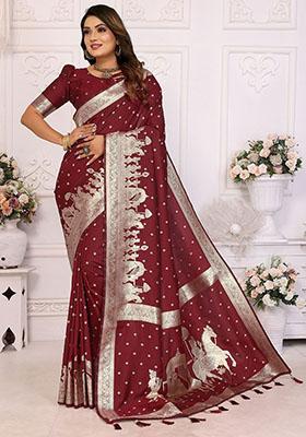 Maroon Zari Weaving Silk Sarees