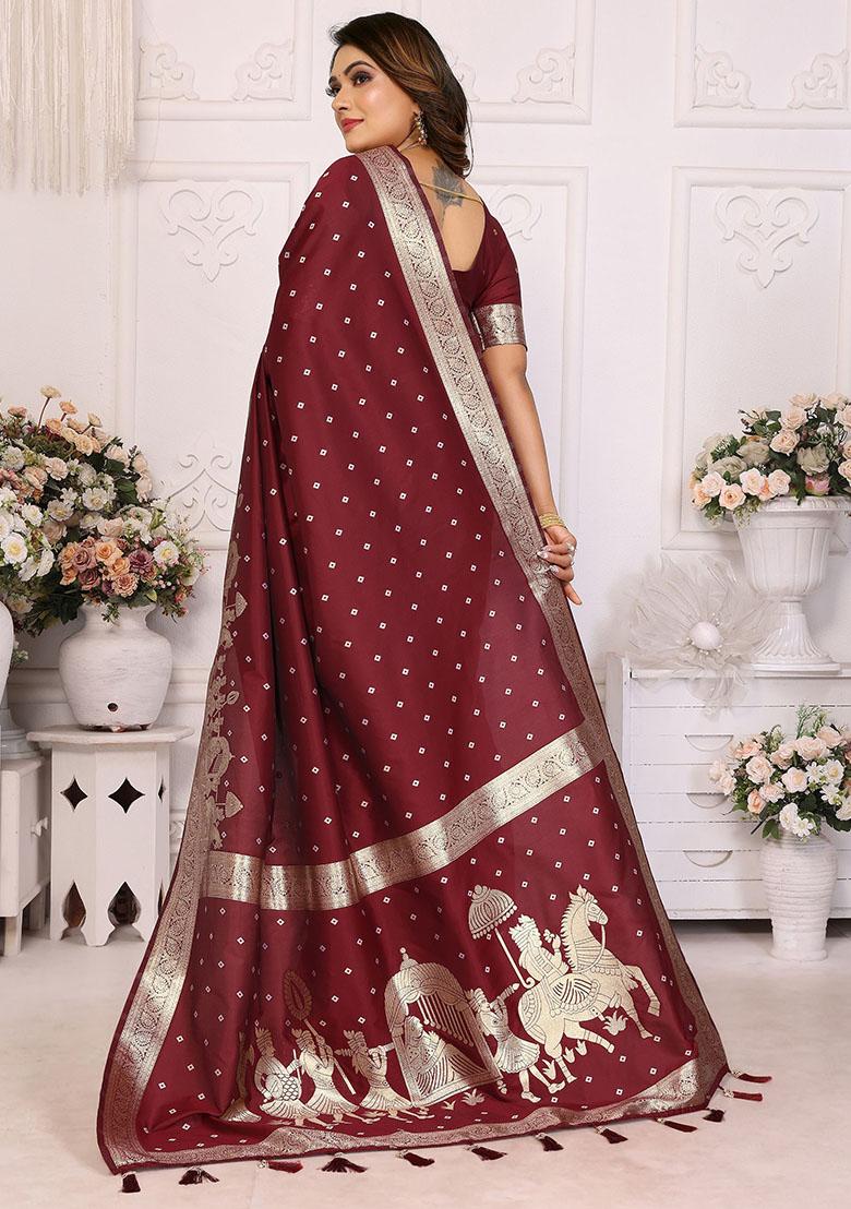 Maroon Zari Weaving Silk Sarees