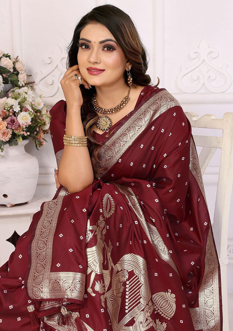Maroon Zari Weaving Silk Sarees