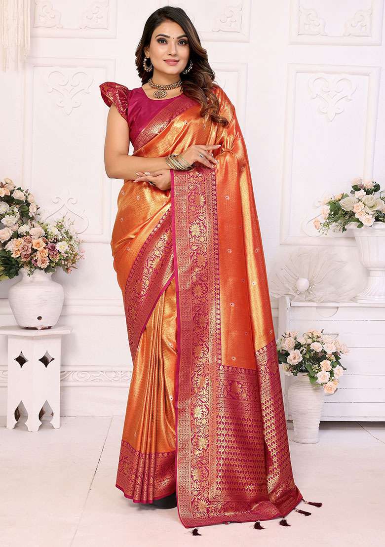 Orange Zari Weaving Banarasi Silk Blend Sarees for Diwali | Wedding & Festive Wear - Indya