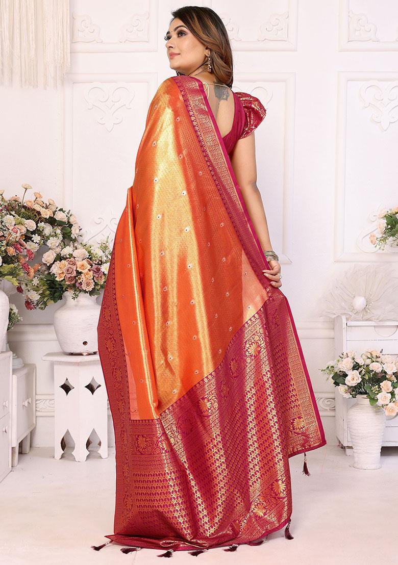 Orange Zari Weaving Banarasi Silk  Sarees