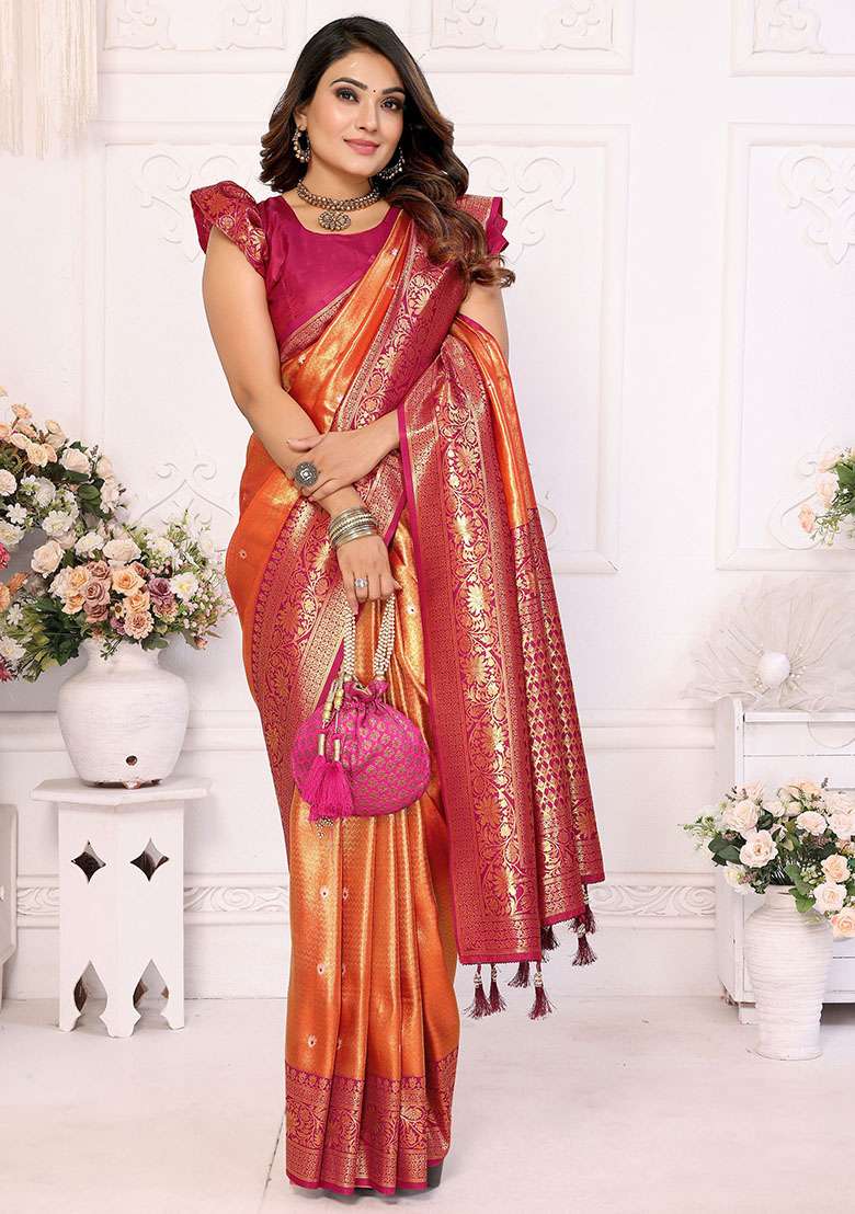 Orange Zari Weaving Banarasi Silk Blend Sarees for Diwali | Wedding & Festive Wear - Indya