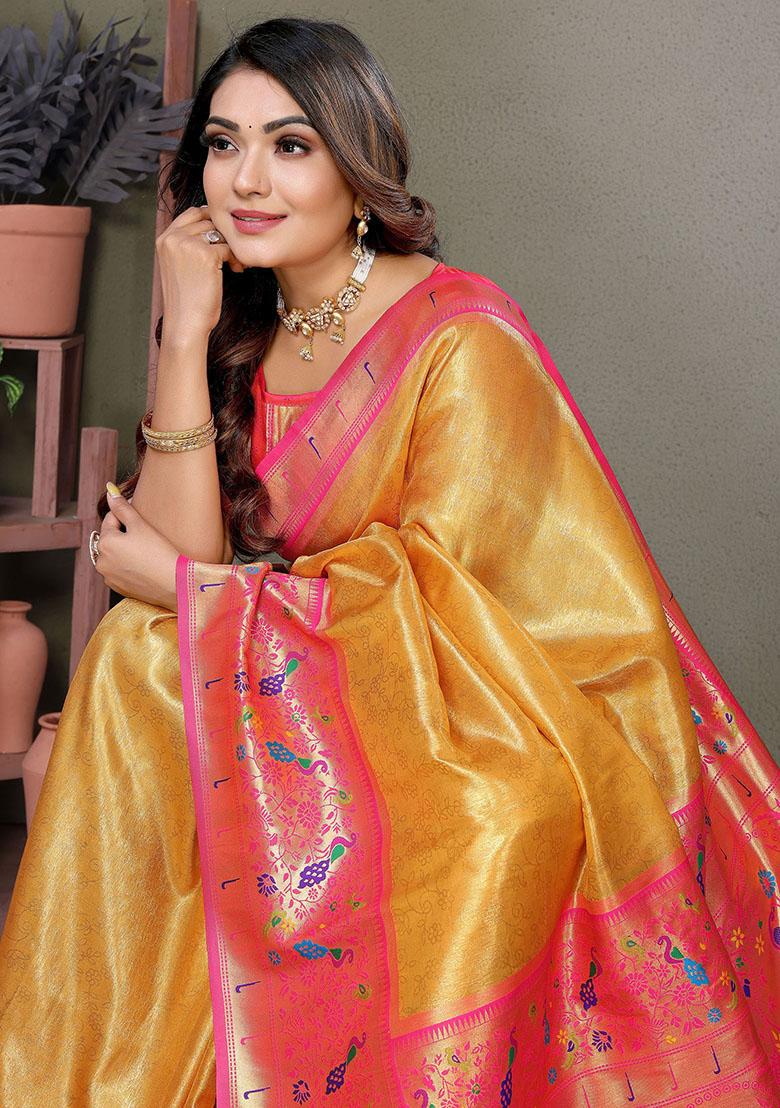 Yellow Zari Weaving Paithani Sarees