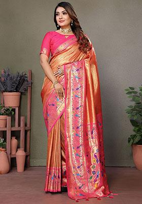 Orange Zari Weaving Banarasi Silk  Sarees