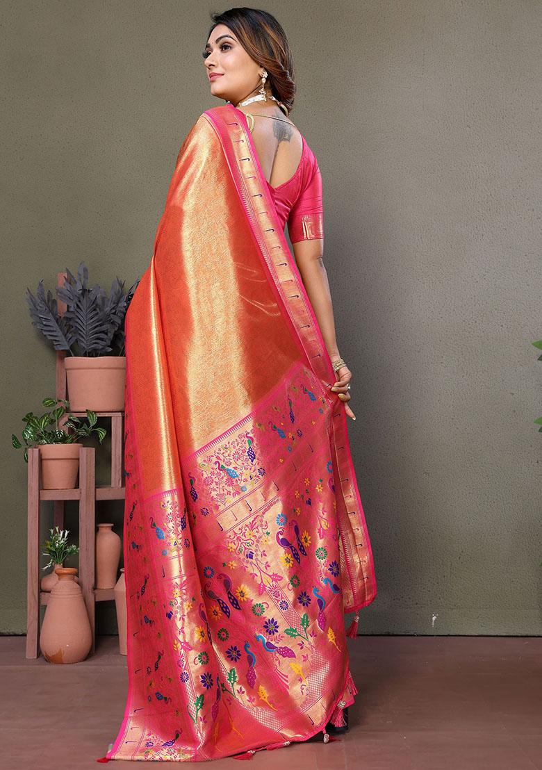 Orange Zari Weaving Banarasi Silk  Sarees