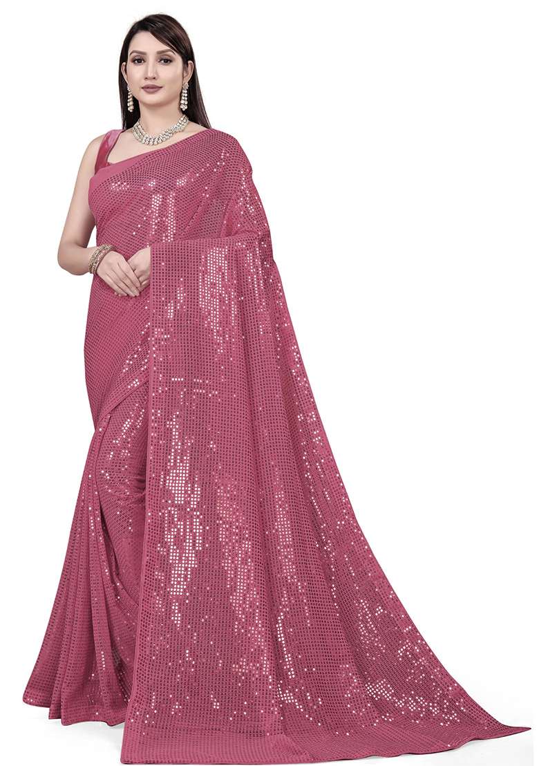 Brown Sequin Embroidered Georgette Saree Set for Diwali and Festive Wear - Indya
