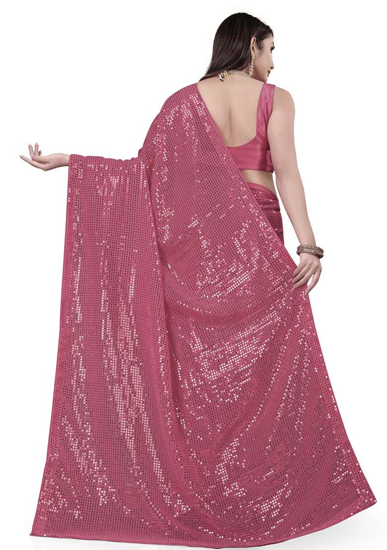 Brown Sequin Embroidered Georgette Saree Set for Diwali and Festive Wear - Indya