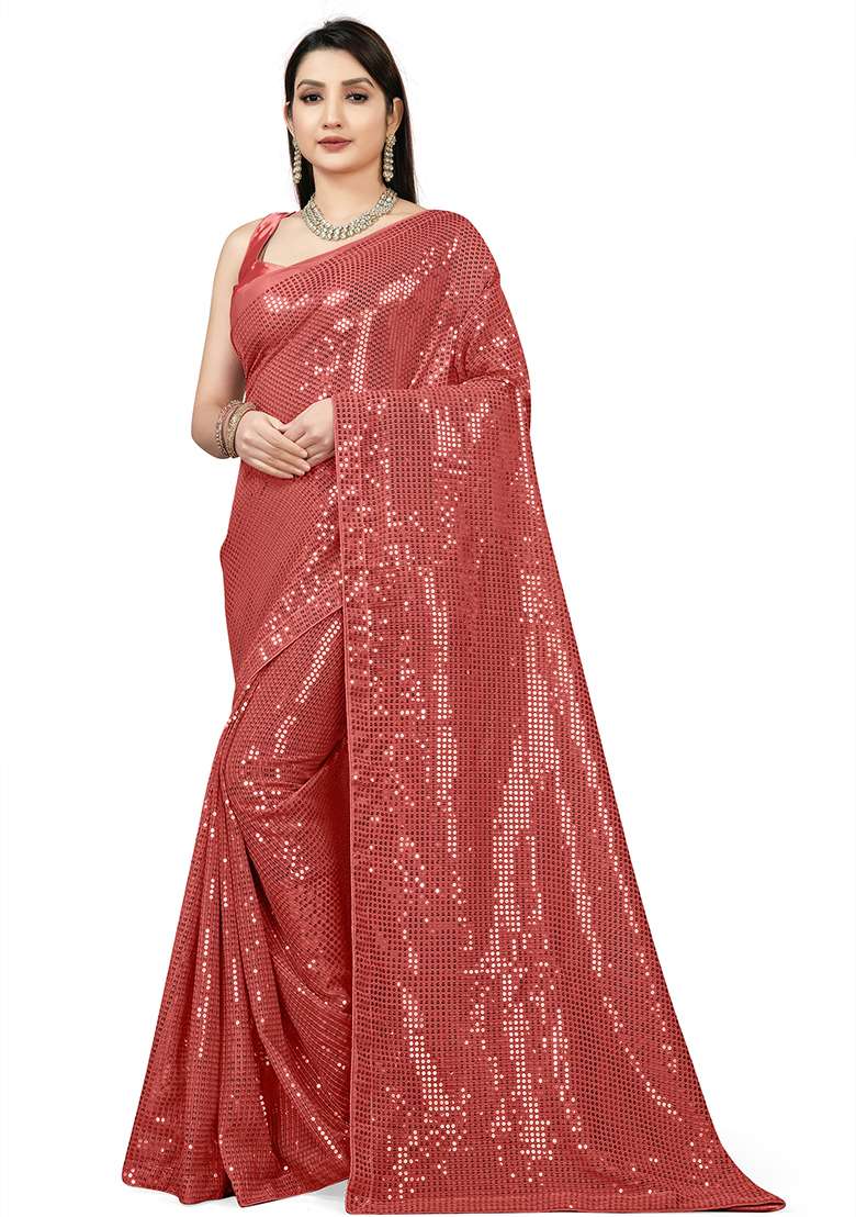 Pink Sequin Embroidered Georgette Saree Set for Diwali and Festive Wear - Indya