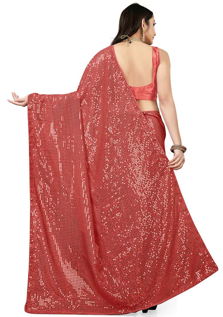 Pink Sequin Embroidered Georgette Saree Set for Diwali and Festive Wear - Indya