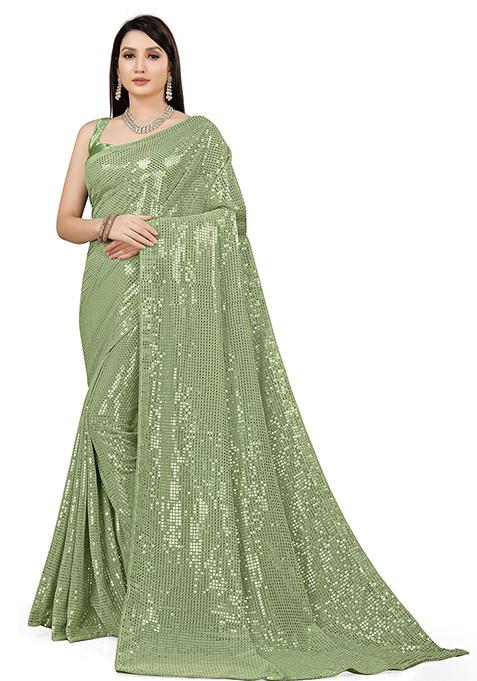 Peach Sequin Embroidered Georgette Saree Set