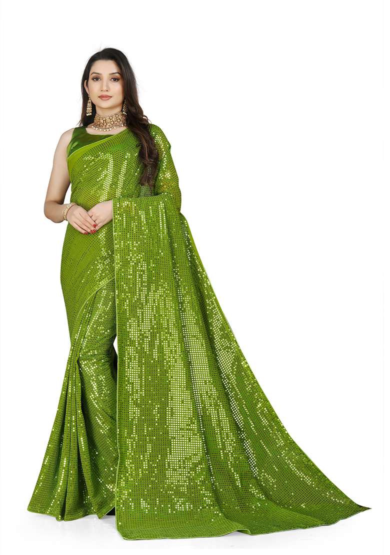 Purple Sequin Embroidered Georgette Saree Set for Diwali and Festive Wear - Indya