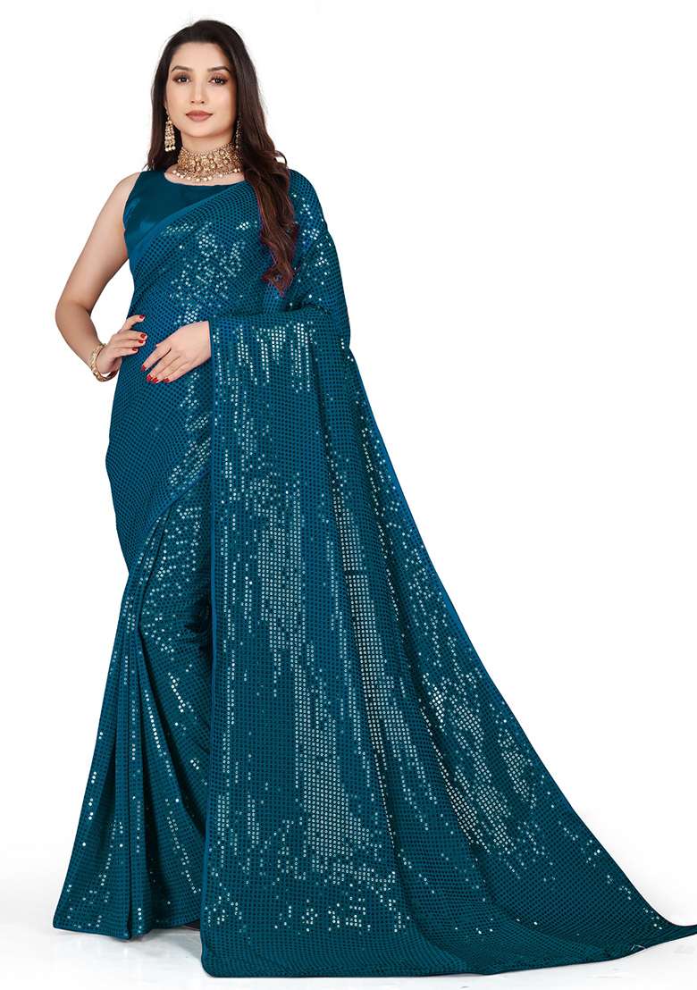 Green Sequin Embroidered Georgette Saree Set for Diwali and Festive Wear - Indya