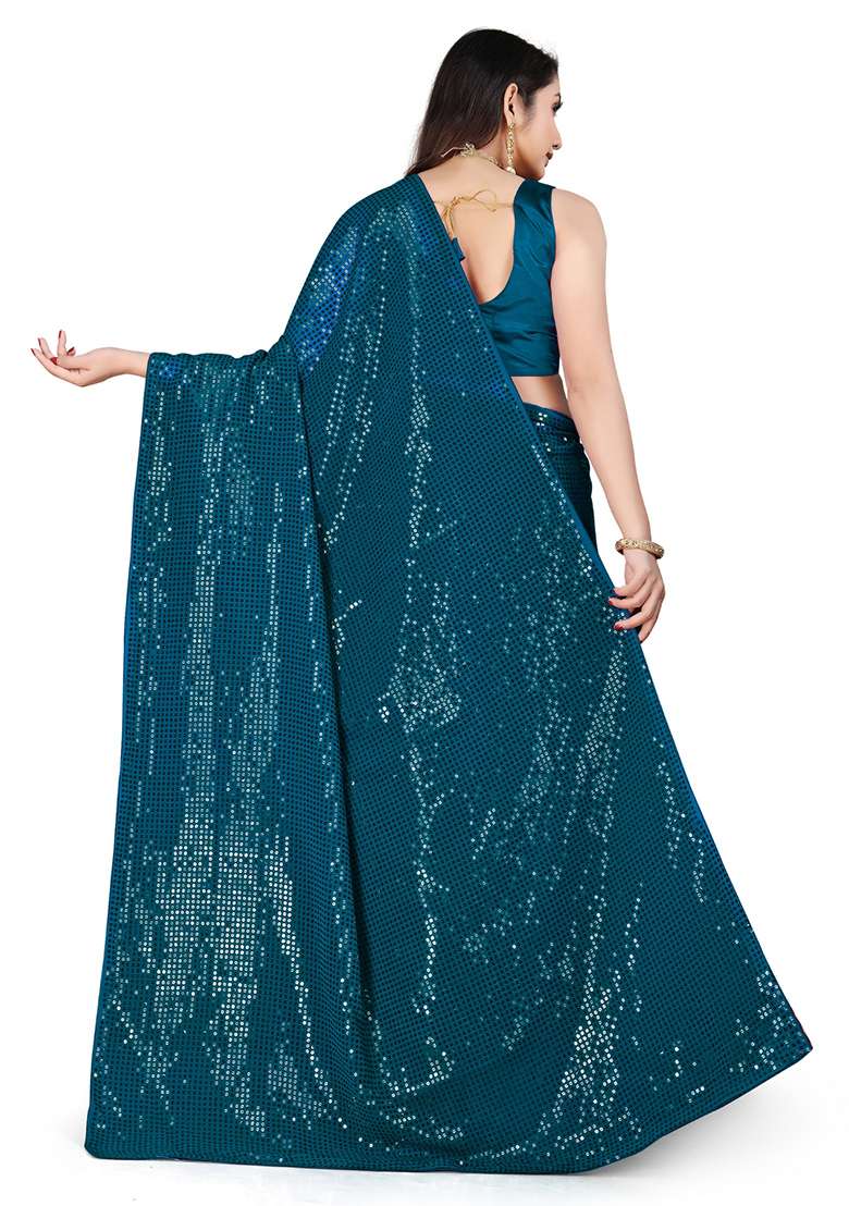 Green Sequin Embroidered Georgette Saree Set for Diwali and Festive Wear - Indya