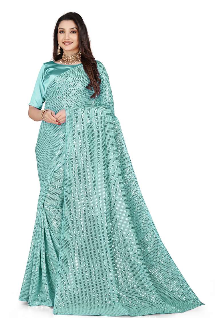 Blue Sequin Embroidered Georgette Saree Set for Diwali and Festive Wear - Indya