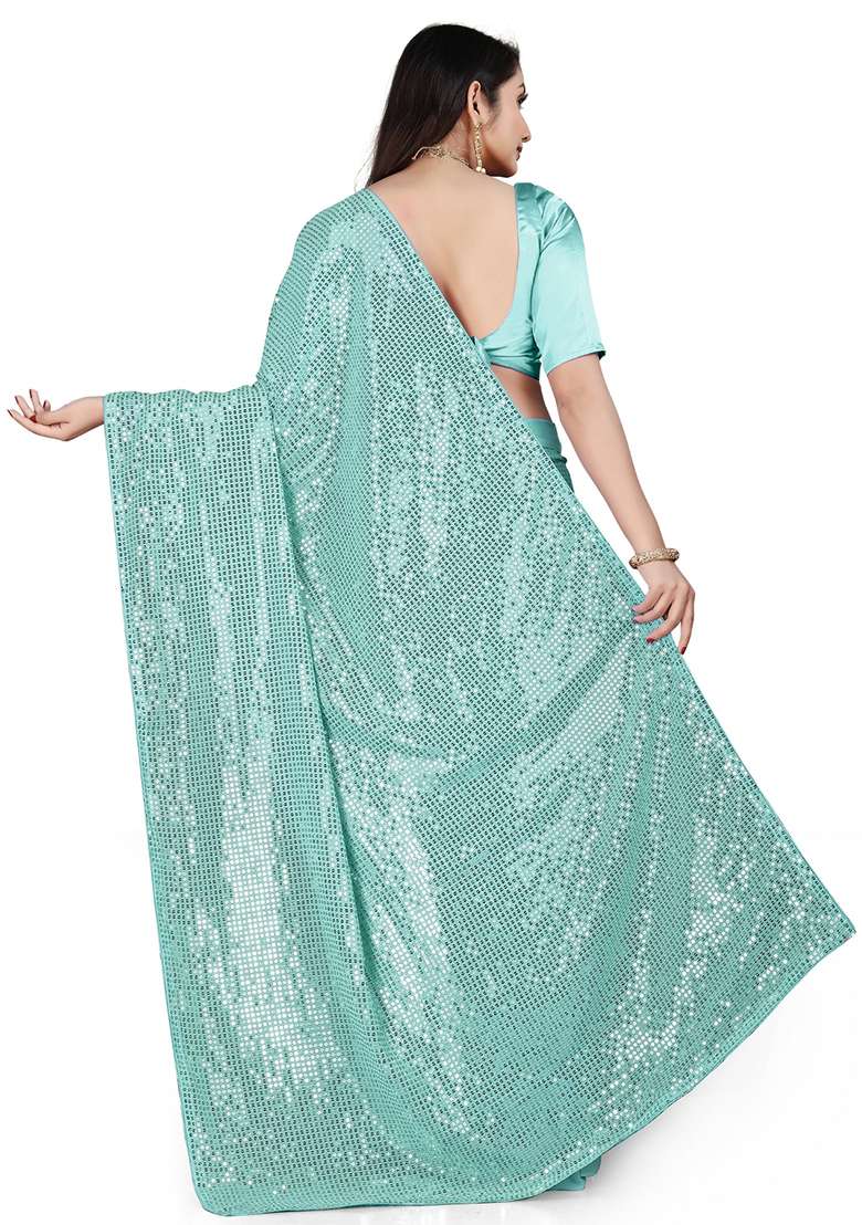 Blue Sequin Embroidered Georgette Saree Set for Diwali and Festive Wear - Indya