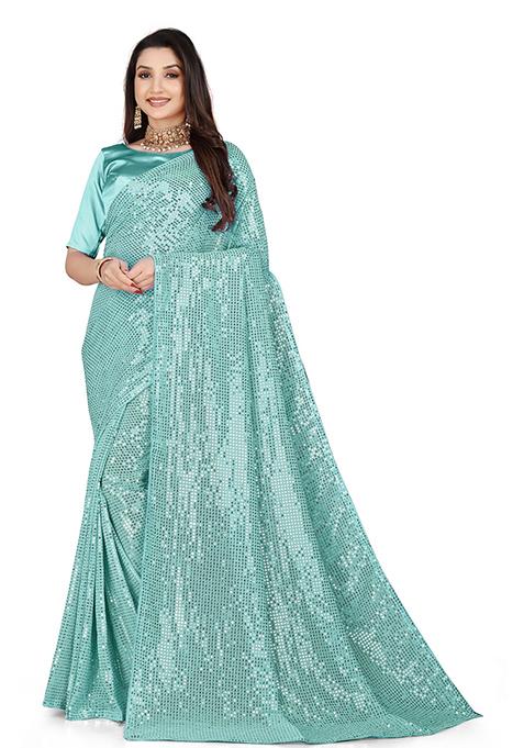 Blue Sequin Embroidered Georgette Saree Set