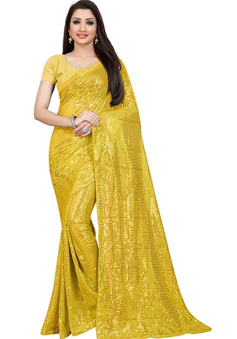 Yellow Sequin Embroidered Georgette Saree Set