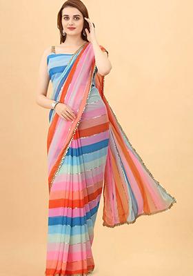 Multicolor Embroidered Chinon Saree Set