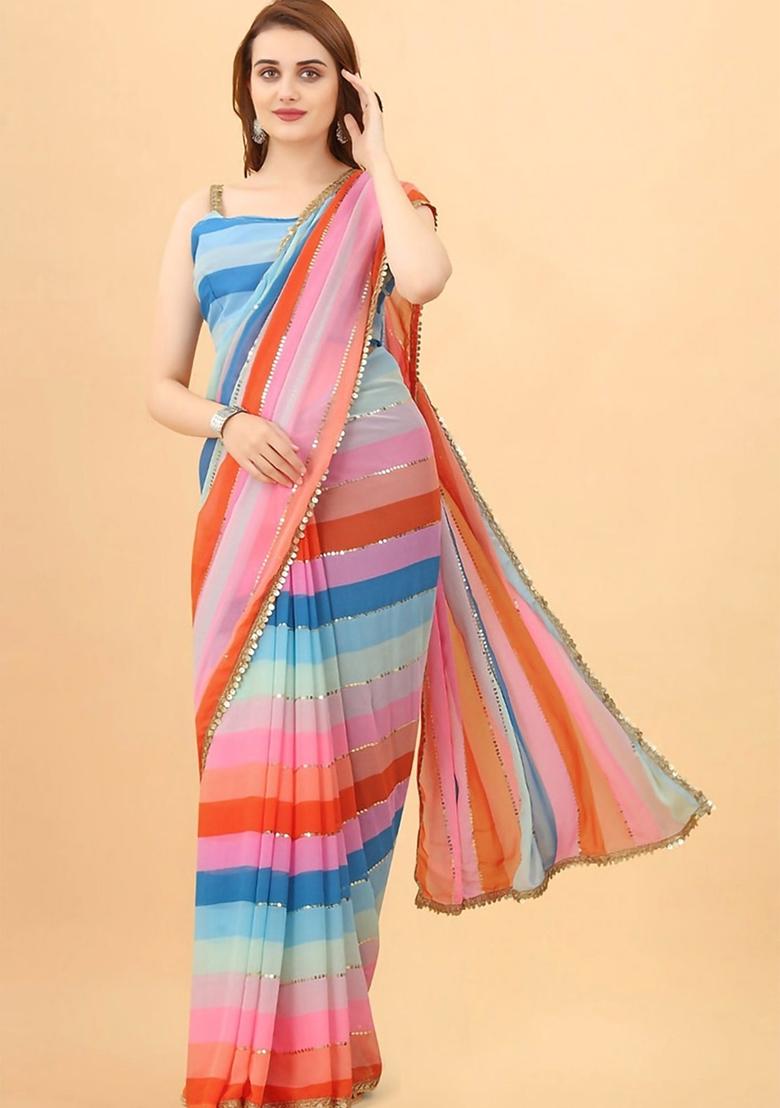 Multicolor Embroidered Chinon Saree Set