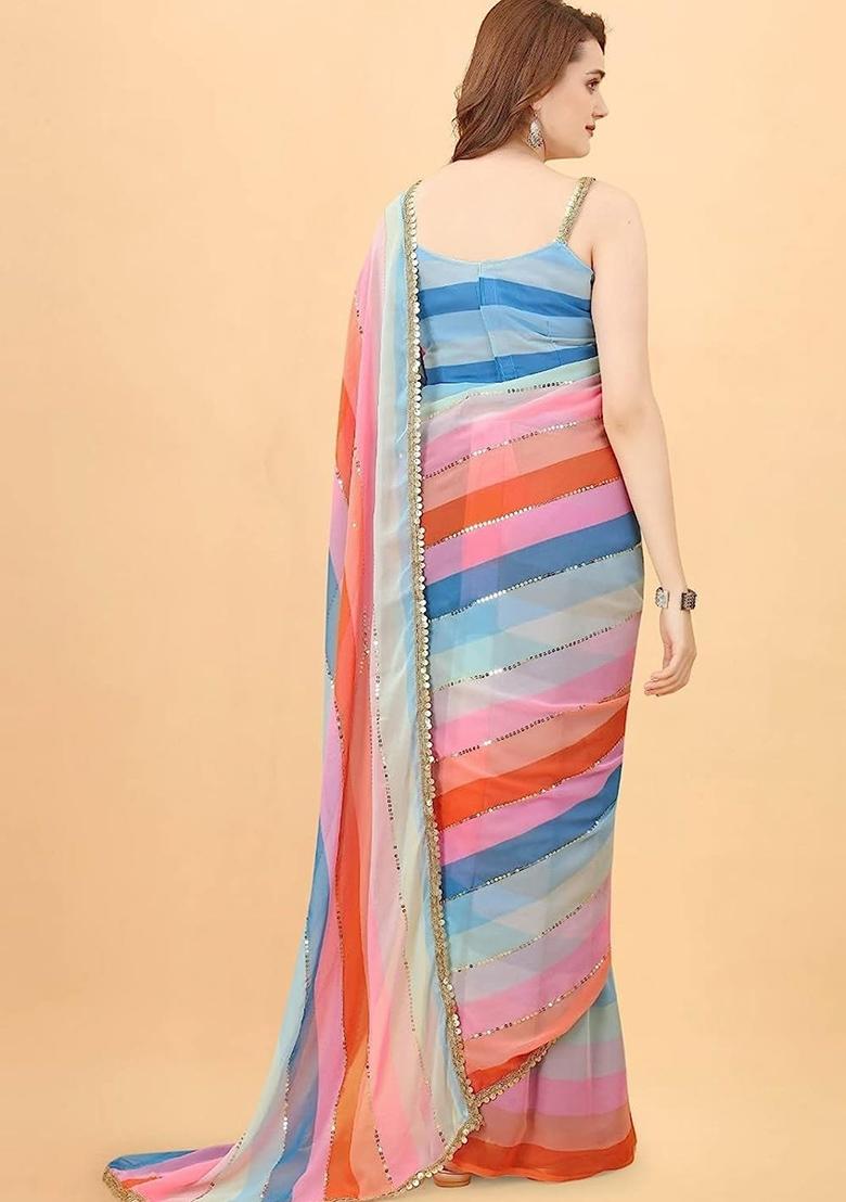 Multicolor Embroidered Chinon Saree Set