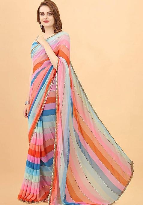 Multicolor Embroidered Chinon Saree Set