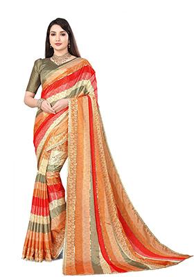 Orange Embroidered Chinon Saree Set