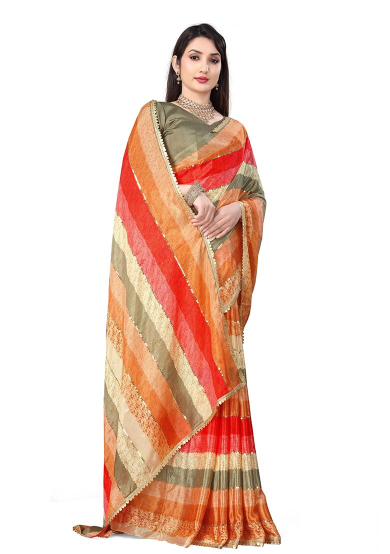 Orange Embroidered Chinon Saree Set