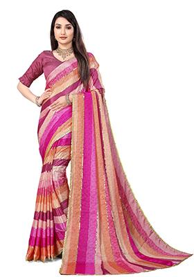 Pink Embroidered Chinon Saree Set