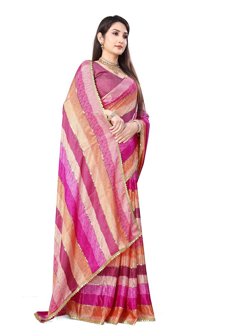 Pink Embroidered Chinon Saree Set
