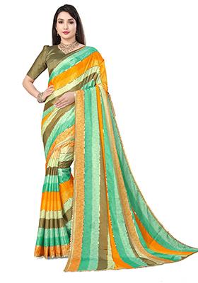 Light Green Embroidered Chinon Saree Set