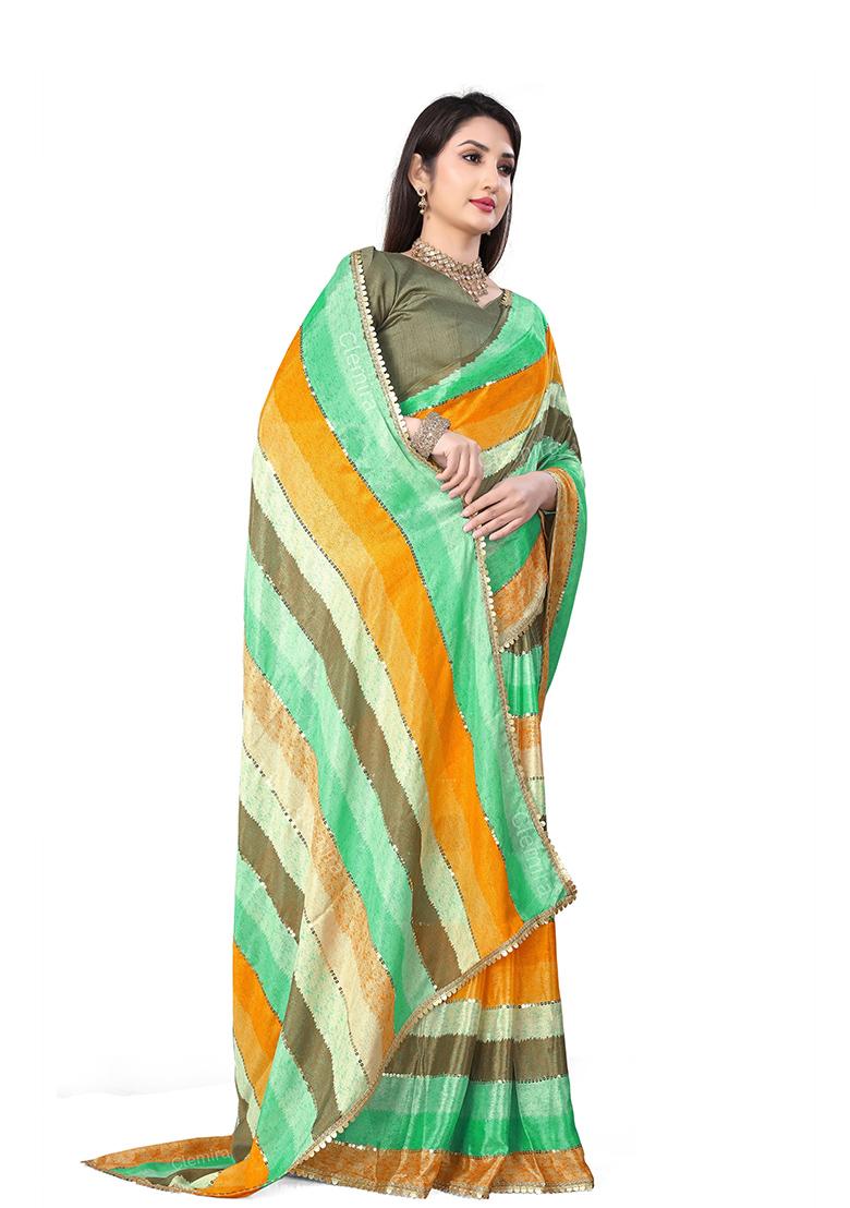 Light Green Embroidered Chinon Saree Set