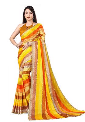 Yellow Embroidered Chinon Saree Set