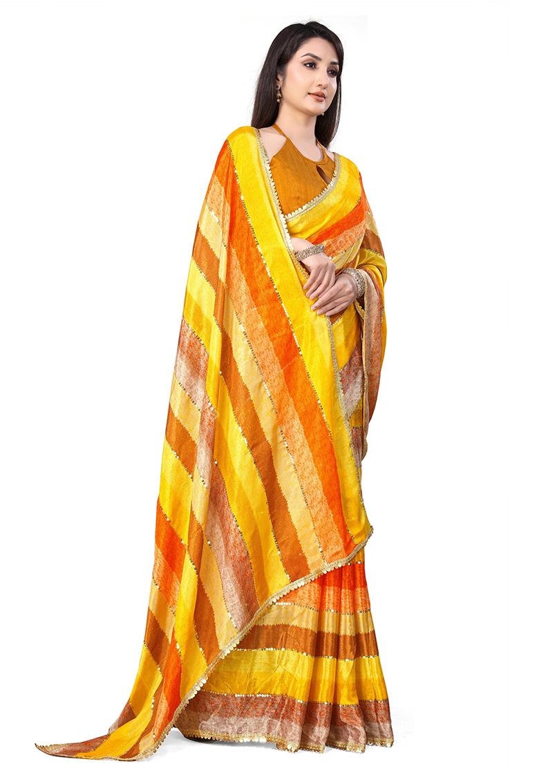Yellow Embroidered Chinon Saree Set