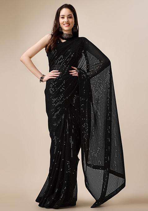 Black Embroidered Georgette Saree Set