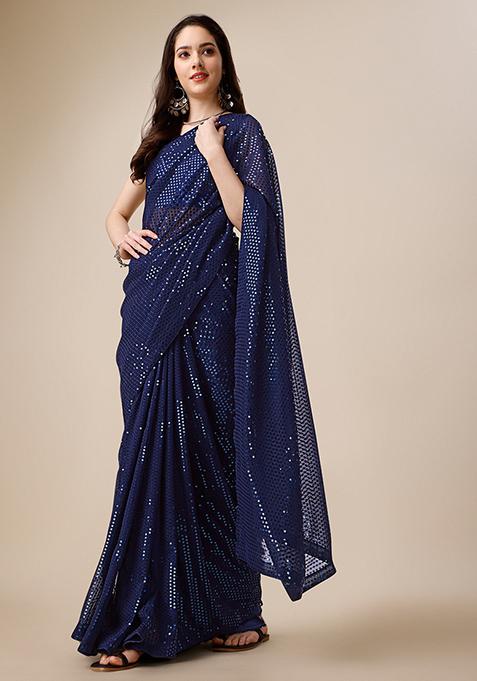 Brown Embroidered Georgette Saree Set